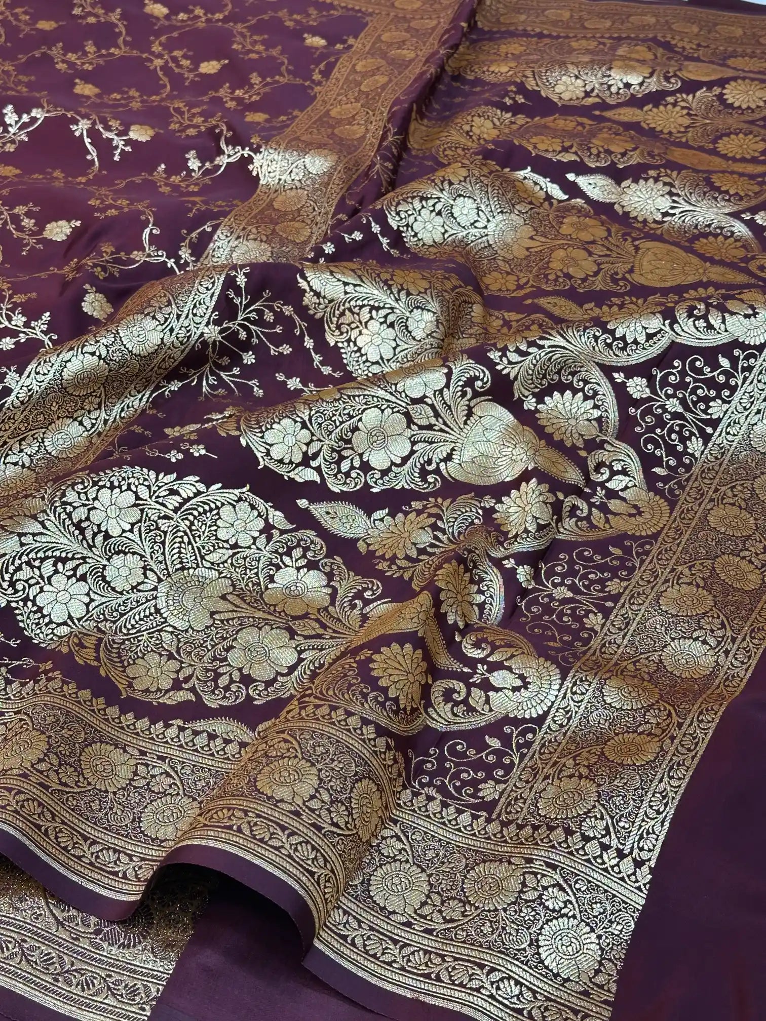 Dark Brown Satin Silk Saree with Rich Texture Design and Classical Pallu