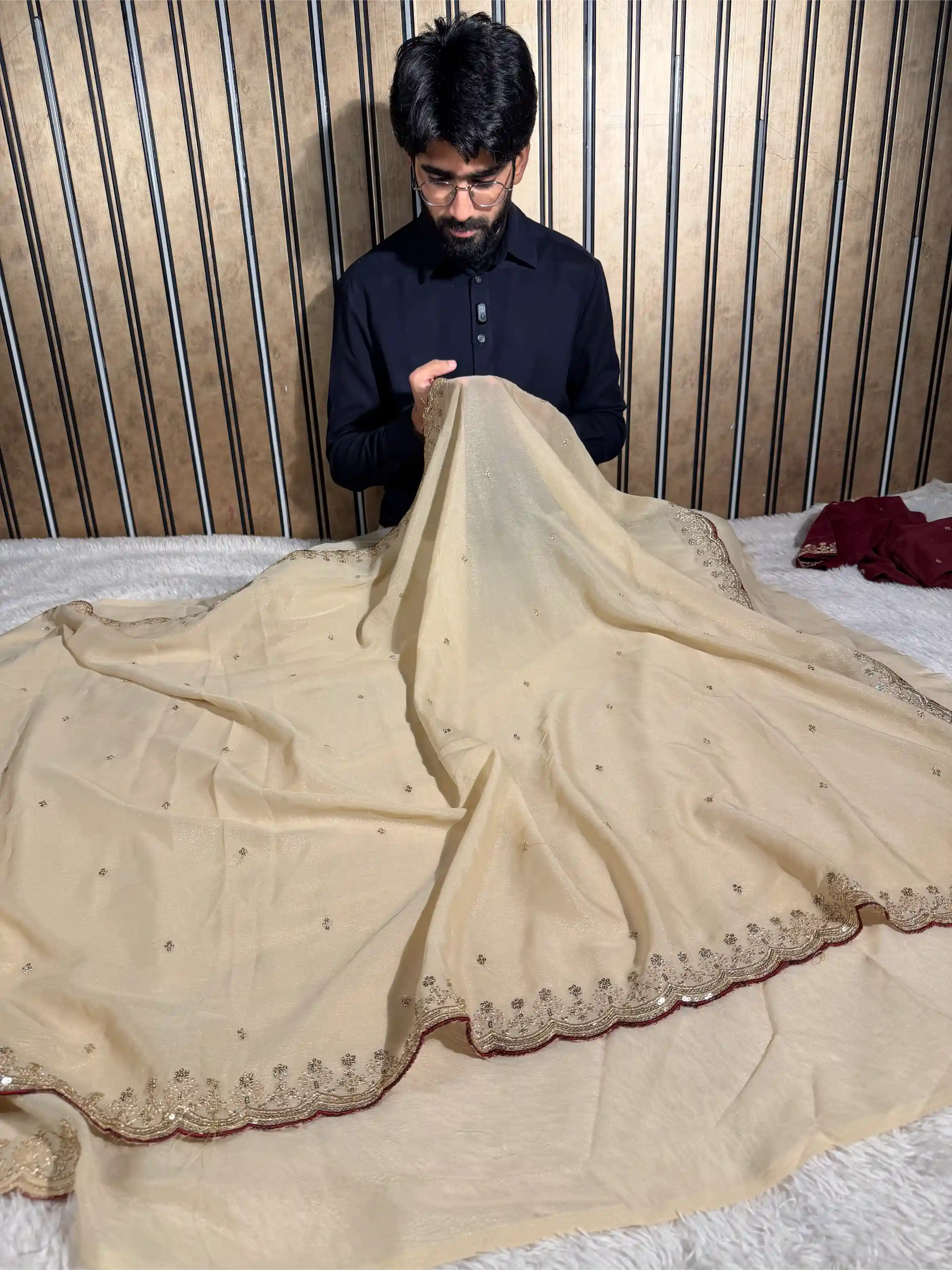 Dark Cream Georgette Tissue Silk Designer Banarasi Saree 