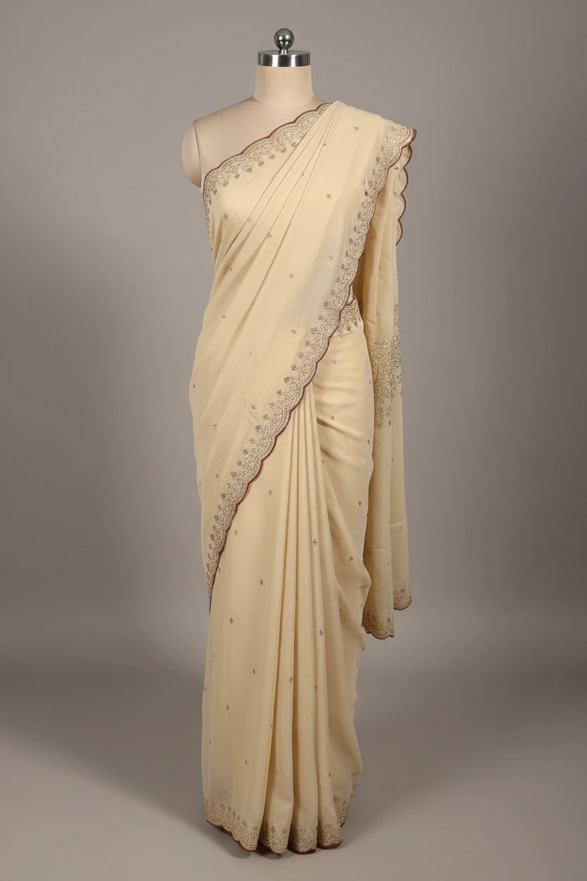 Dark Cream Georgette Tissue Silk Designer Banarasi Saree