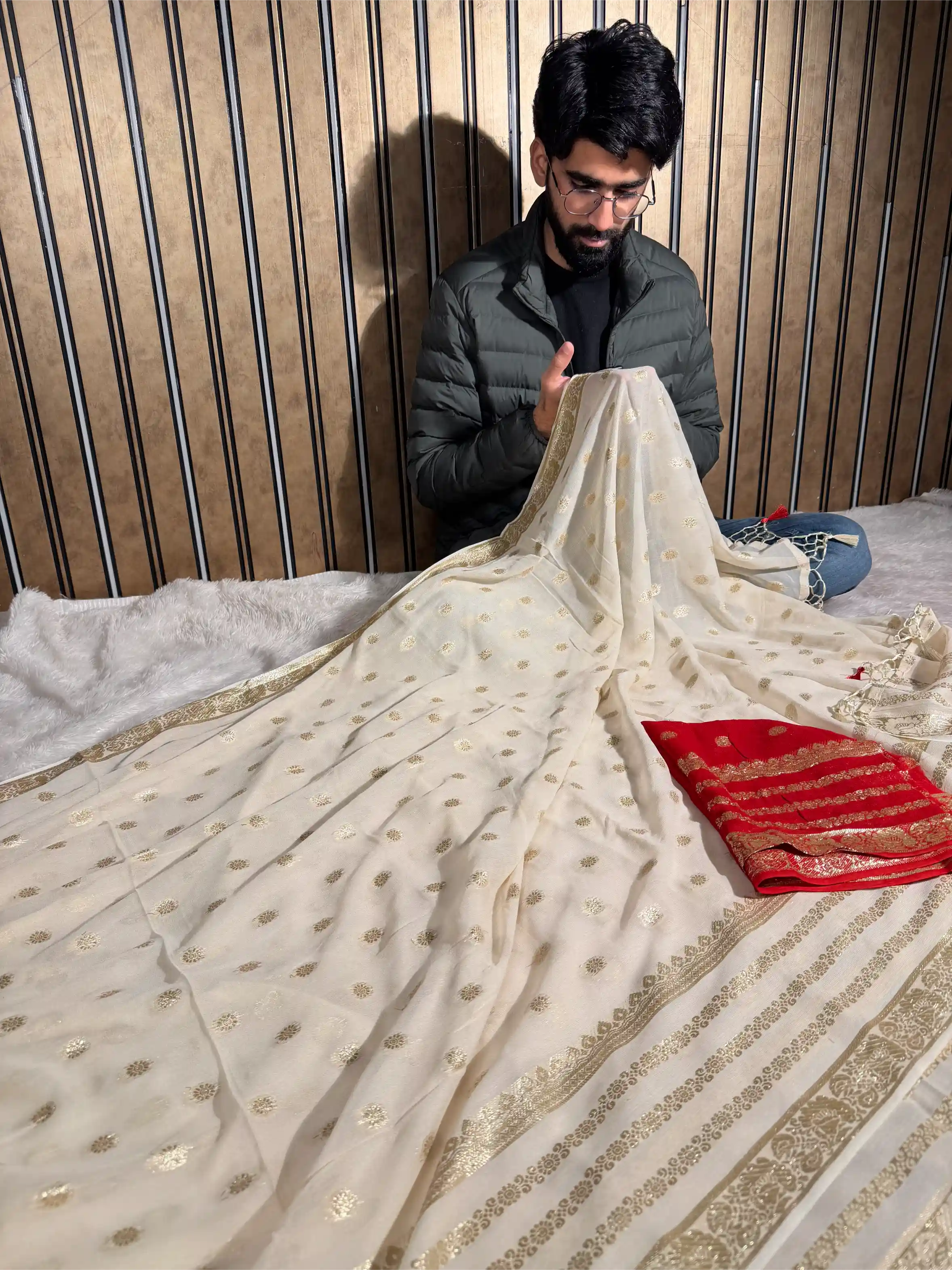 Dark Cream Viscose Georgette Silk Saree