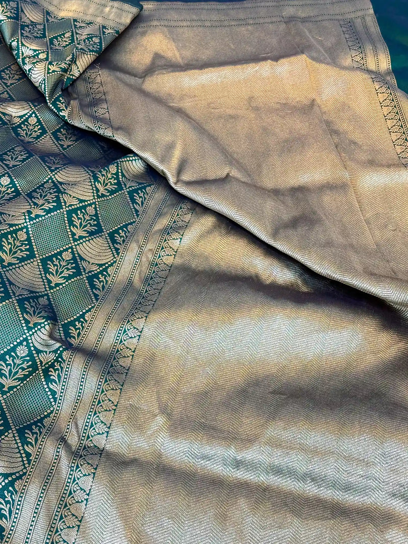 Dark Green Flora Box Pure Katan Silk Banarasi Saree