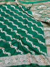 Dark Green Leheriya Weave Mashru Katan Silk Saree