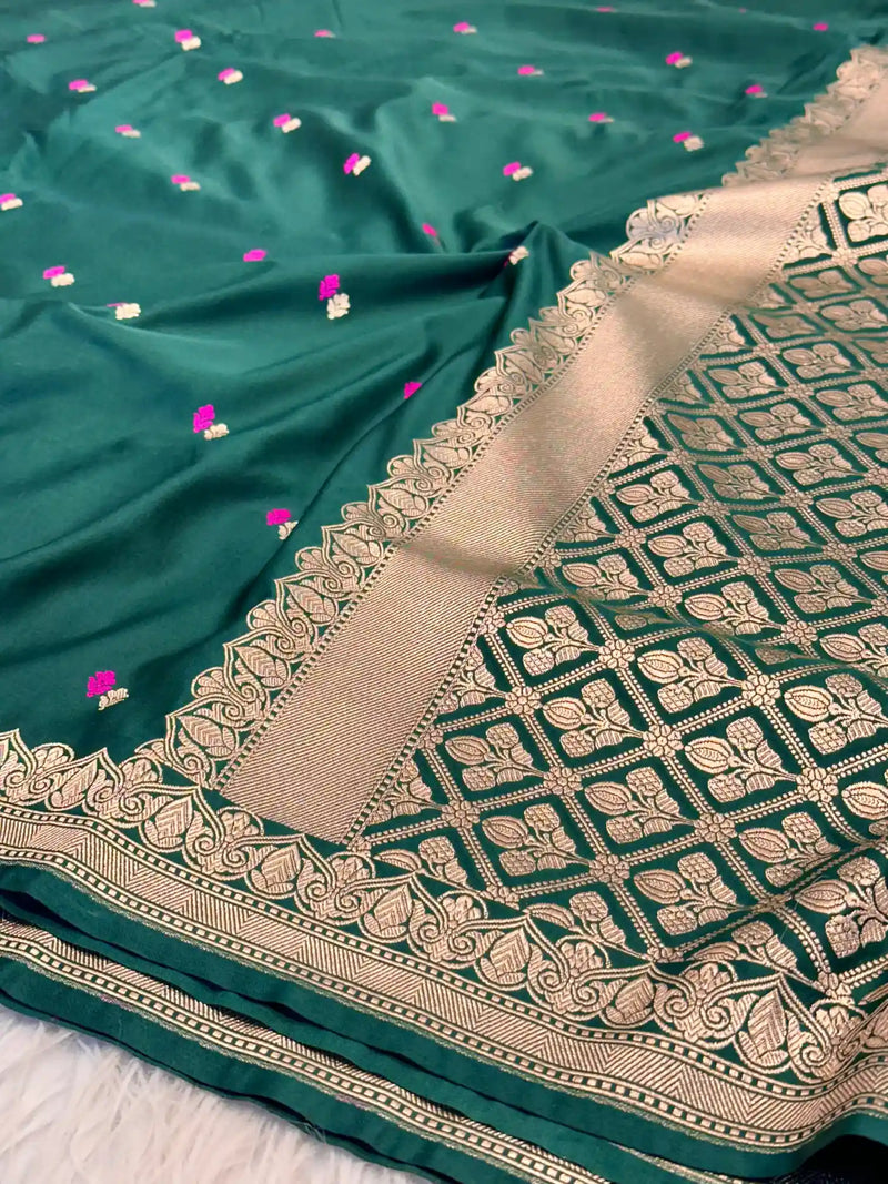 Dark Green Pretty Motifs Weave Mashru Silk Saree