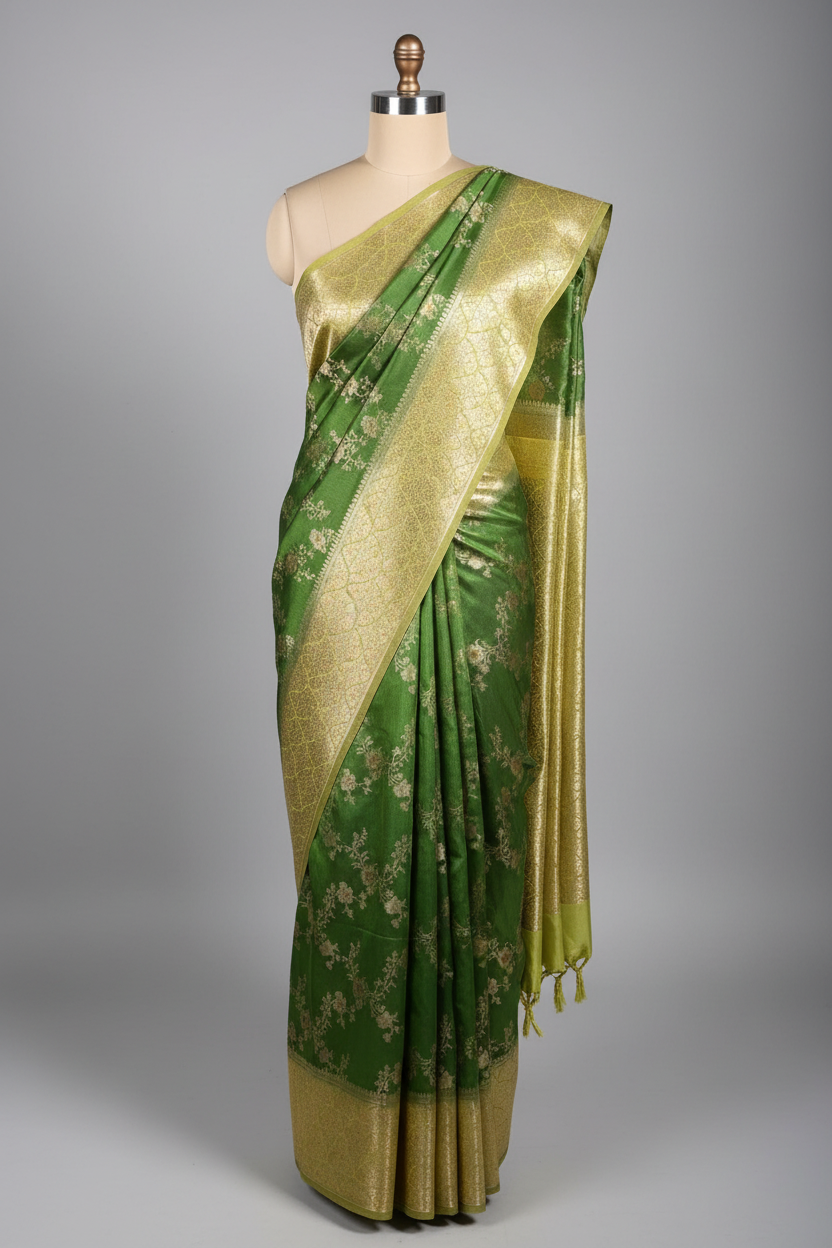 Dark Green Raw Dupion Silk Banarasi Saree