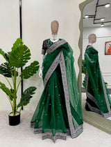 Dark Green Shimmery Organza Silk Gota Lace Attached Designer Saree