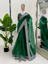 Dark Green Shimmery Organza Silk Gota Lace Attached Designer Saree