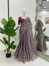 Dark Lavender Shimmery Tissue Silk Designer Saree