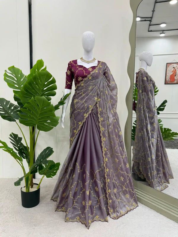 Dark Lavender Shimmery Tissue Silk Designer Saree