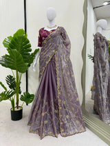 Dark Lavender Shimmery Tissue Silk Designer Saree