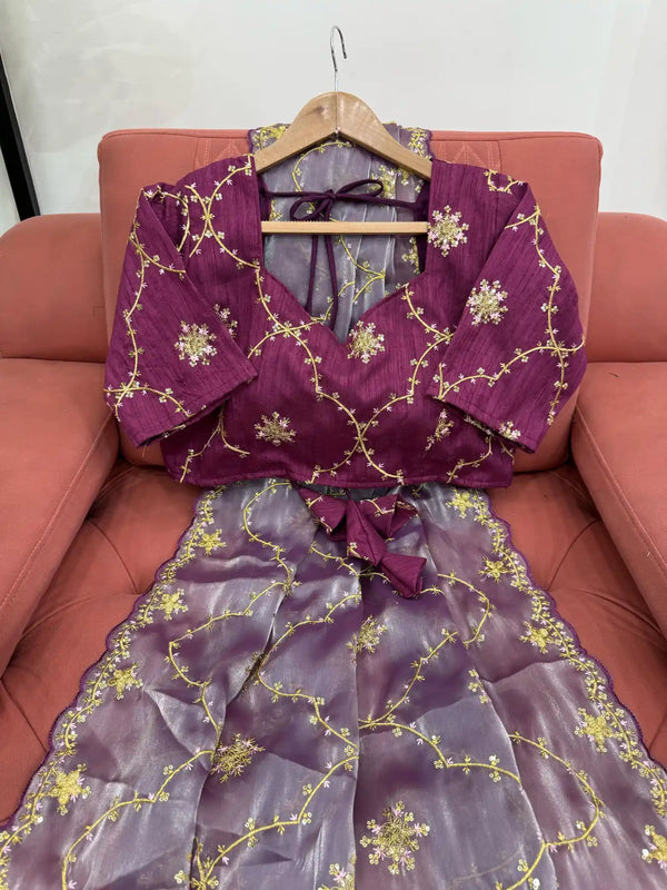 Dark Lavender Shimmery Tissue Silk Designer Saree
