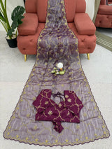 Dark Lavender Shimmery Tissue Silk Designer Saree