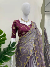 Dark Lavender Shimmery Tissue Silk Designer Saree
