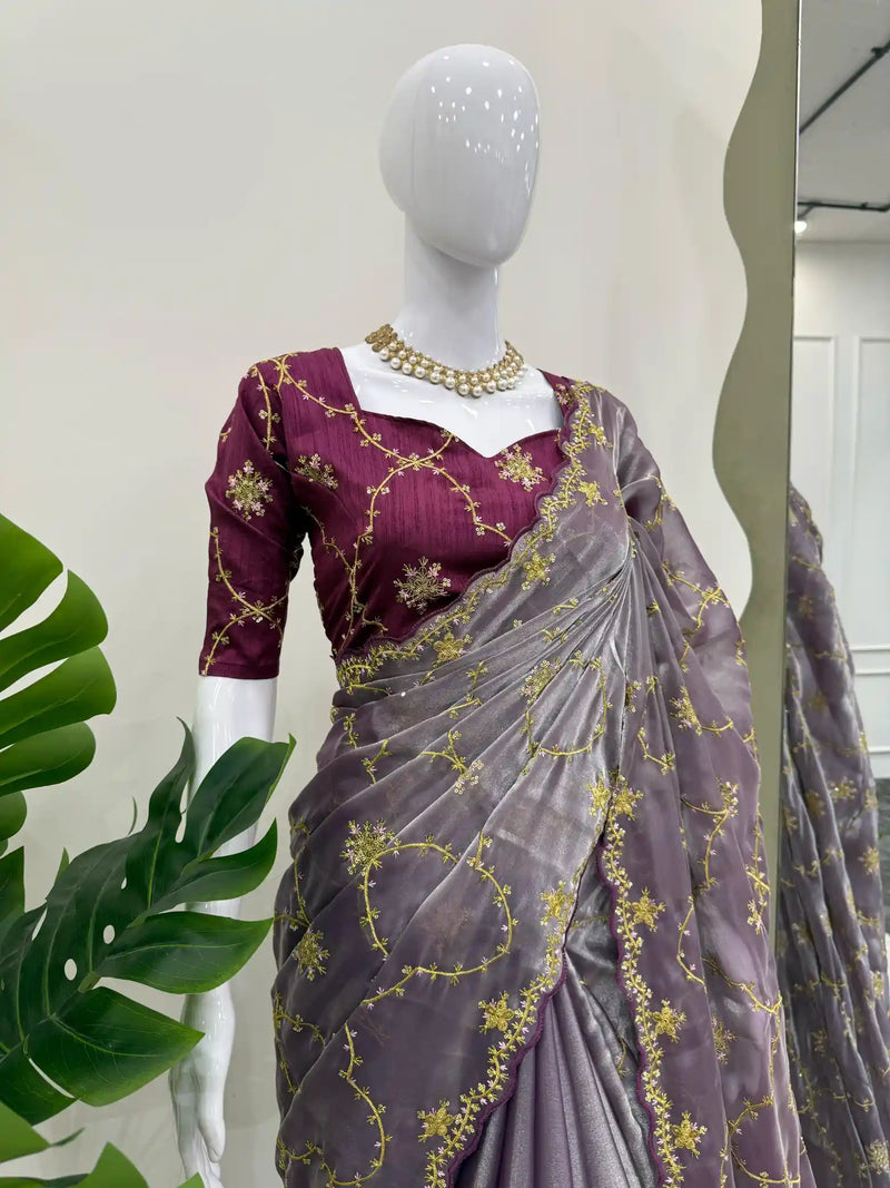 Dark Lavender Shimmery Tissue Silk Designer Saree