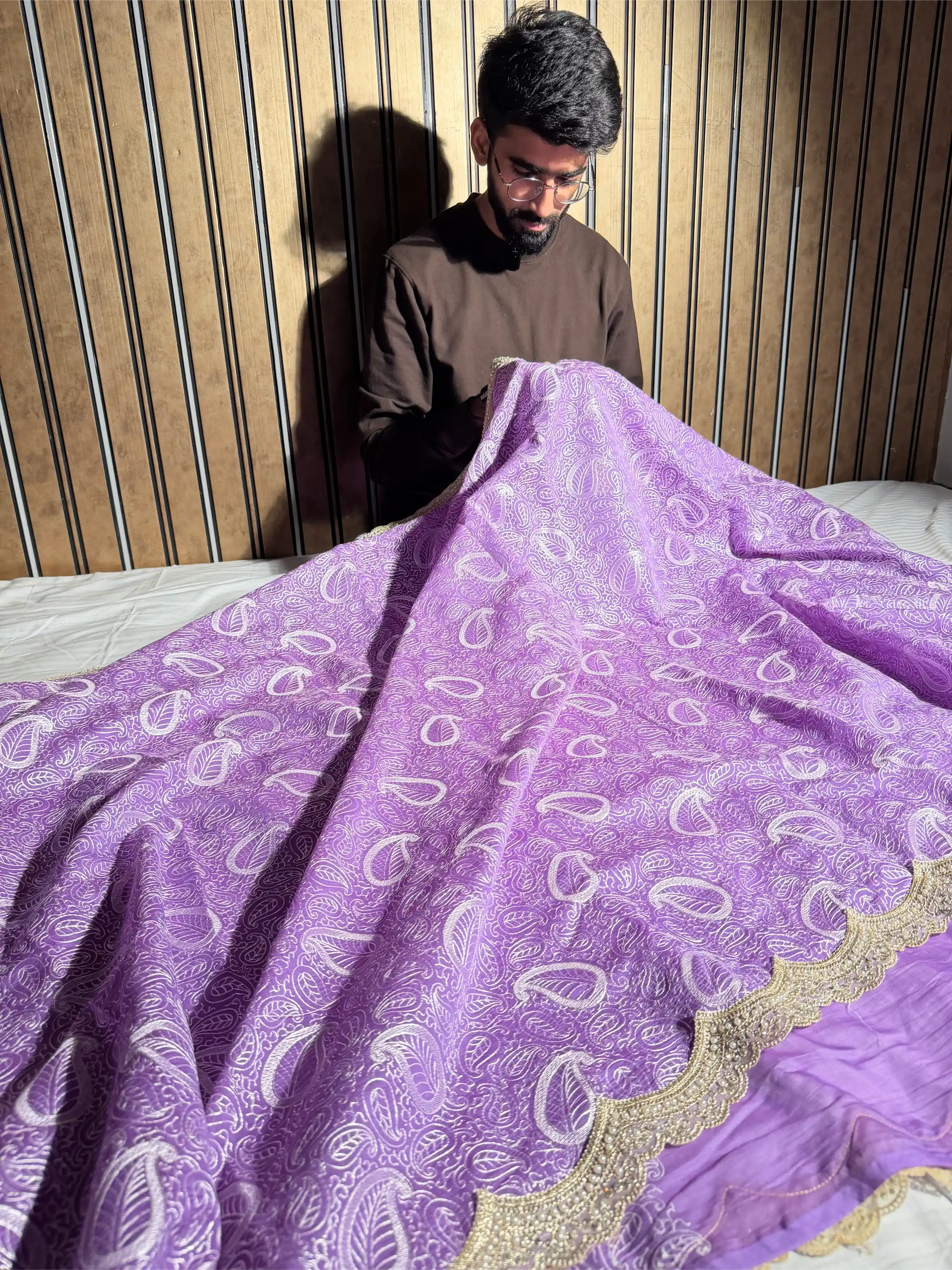 Dark Lavender Mul Chanderi Silk Chikankari Embroidered Banarasi Saree