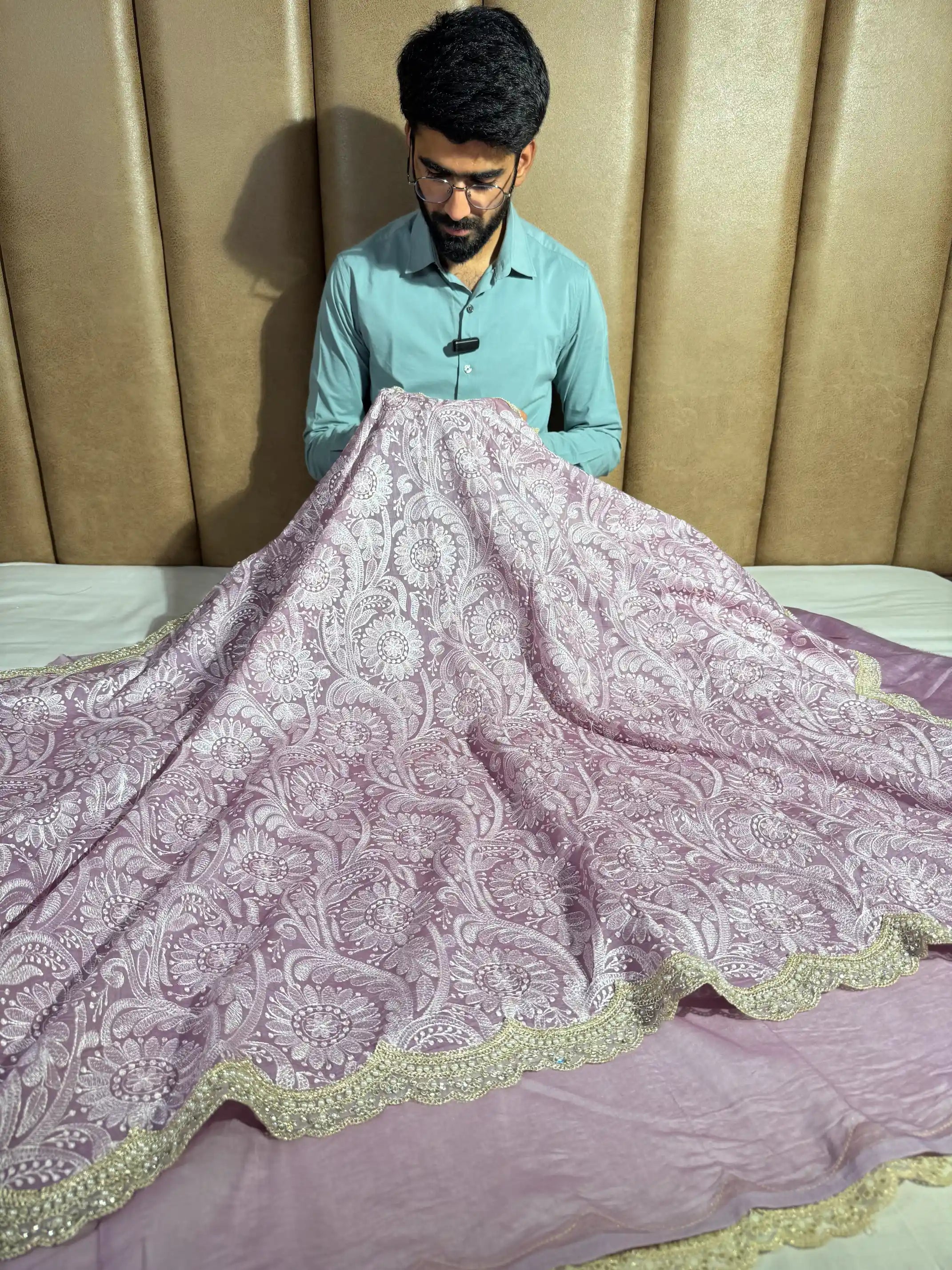 Dark Lavender Pure Mul Chanderi Chikankari Work Banarasi Saree 