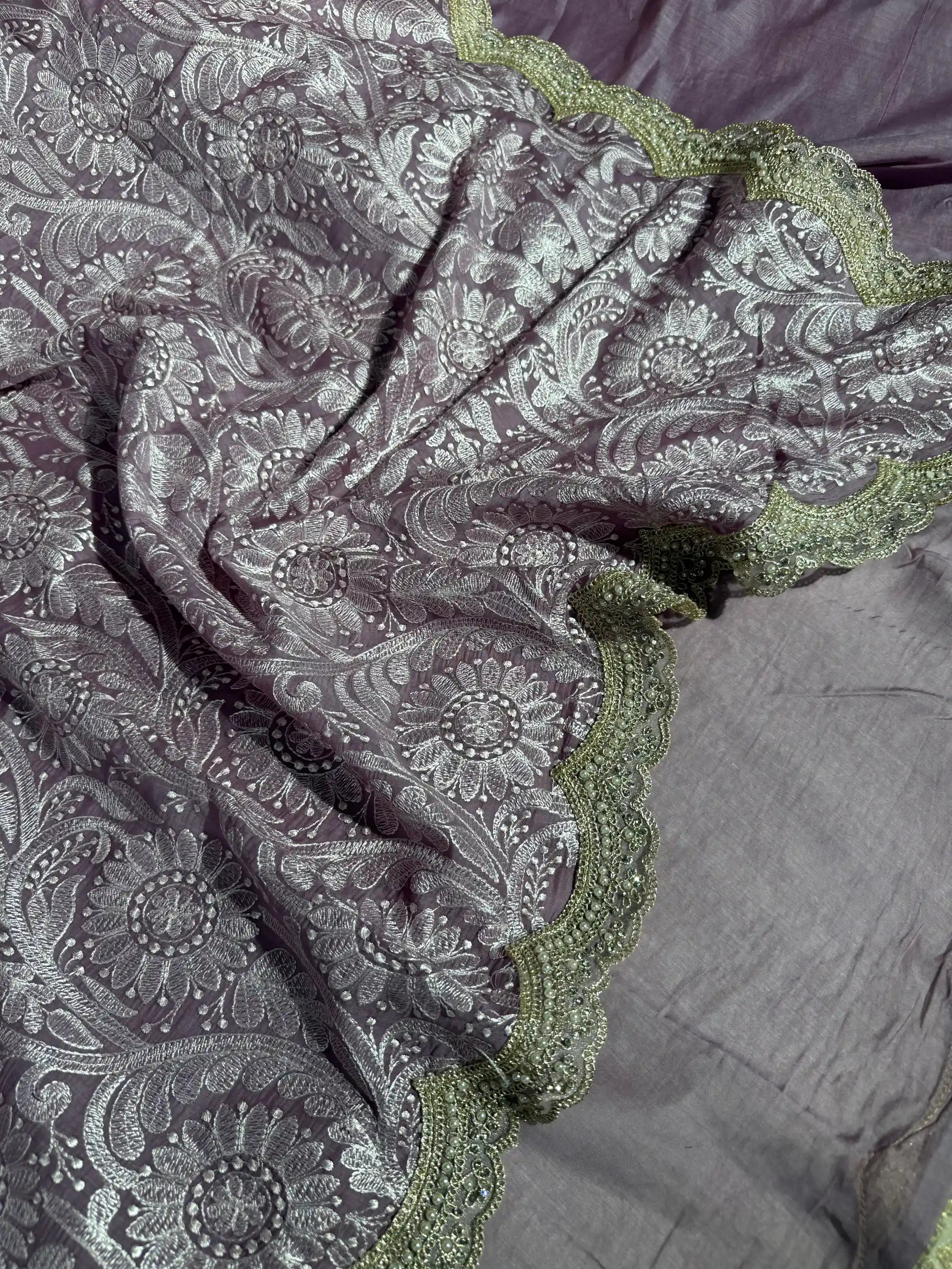 Dark Lavender Pure Mul Chanderi Chikankari Work Banarasi Saree 