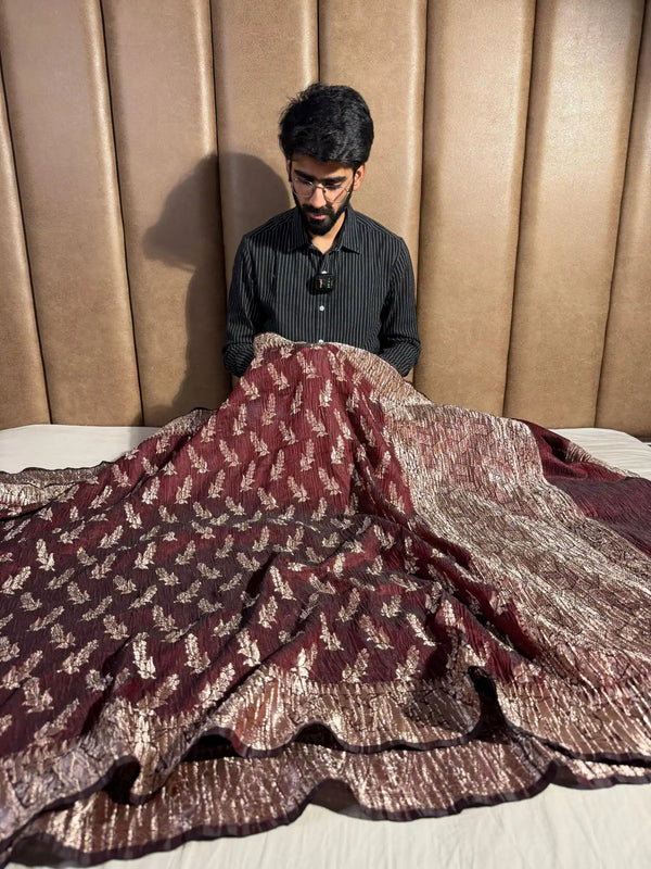 Dark Maroon Crepe Georgette Vertical Crush Concept Banarasi Saree