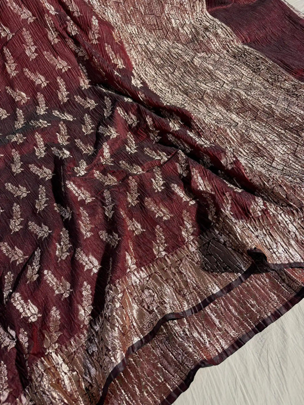 Dark Maroon Crepe Georgette Vertical Crush Concept Banarasi Saree