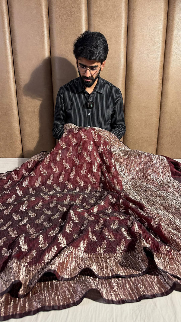 Dark Maroon Crepe Georgette Vertical Crush Concept Banarasi Saree