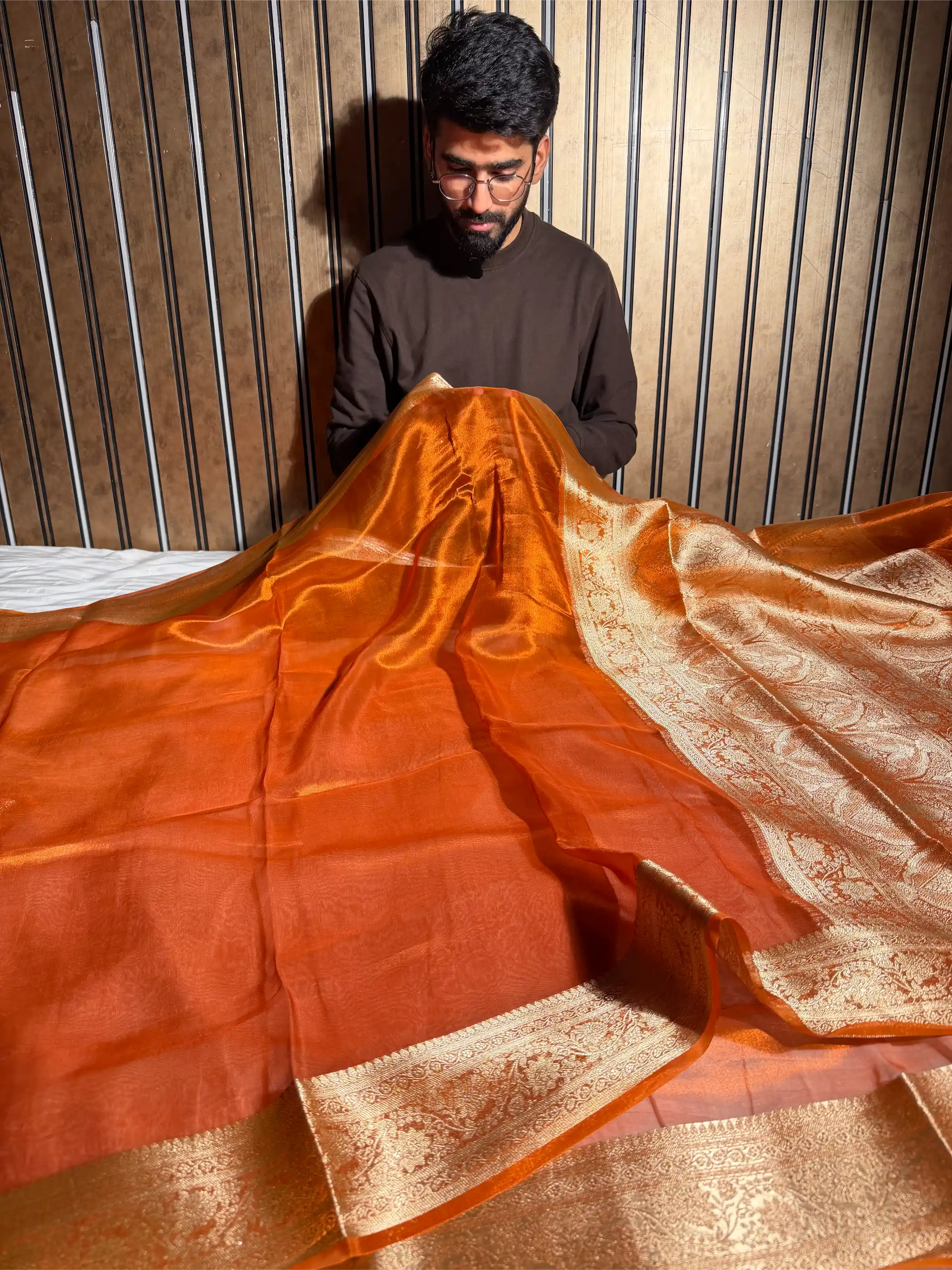 Dark Metallic Orange Pure Tissue Eccentric Banarasi Saree
