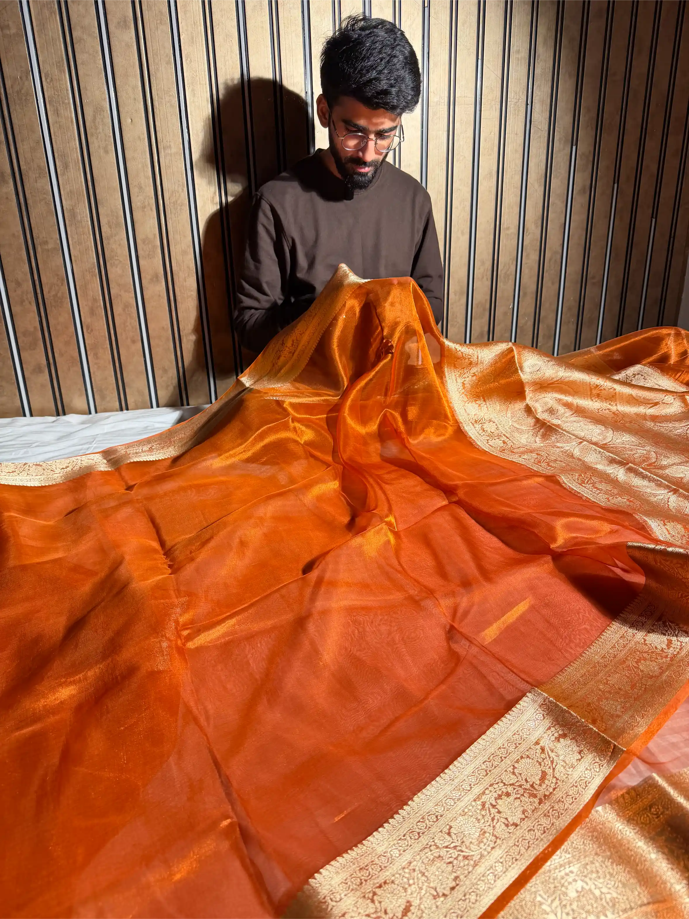 Dark Metallic Orange Pure Tissue Eccentric Banarasi Saree