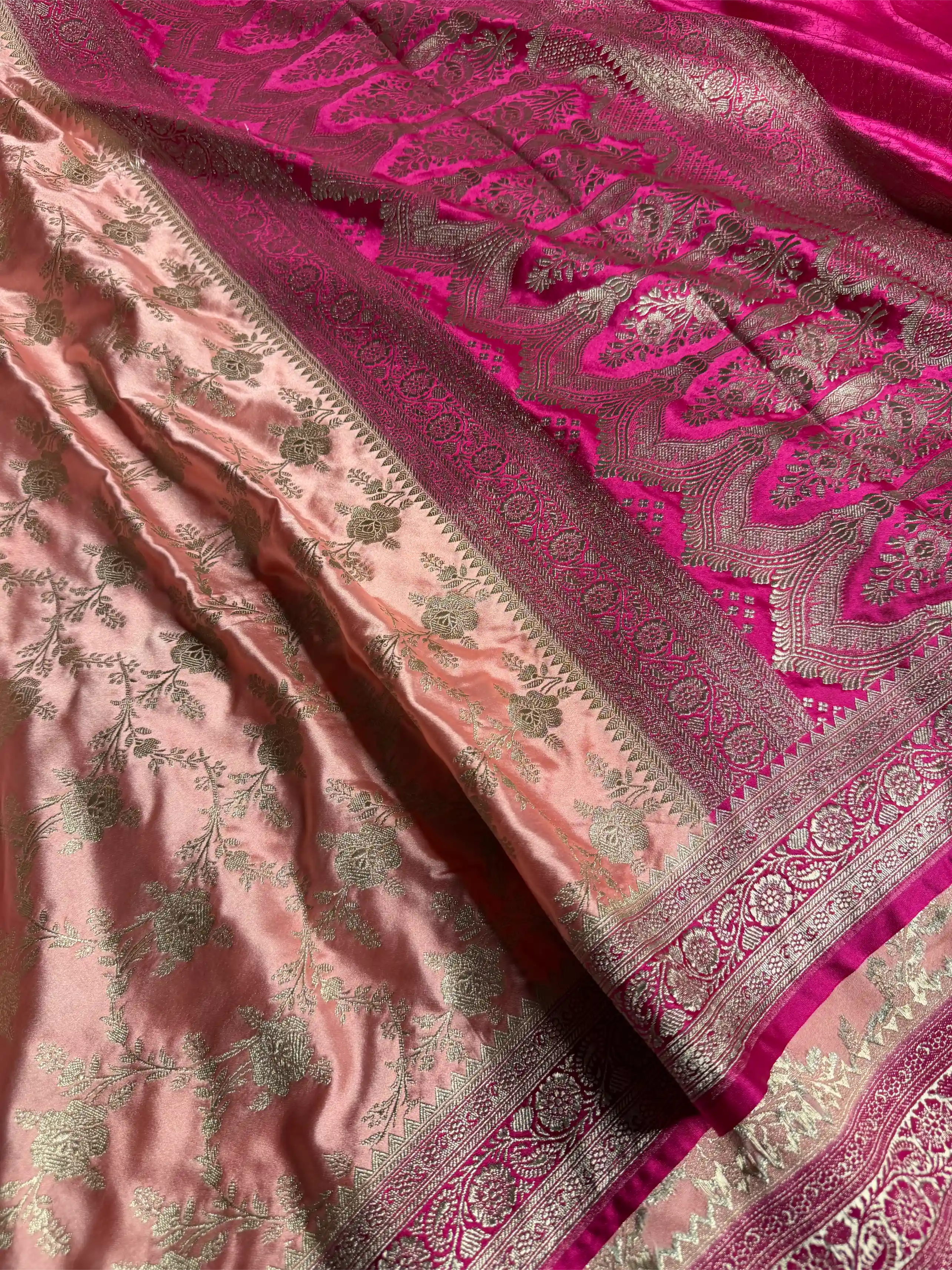 Dark Peach Mashru Katan Silk Leheriya Banarasi Saree