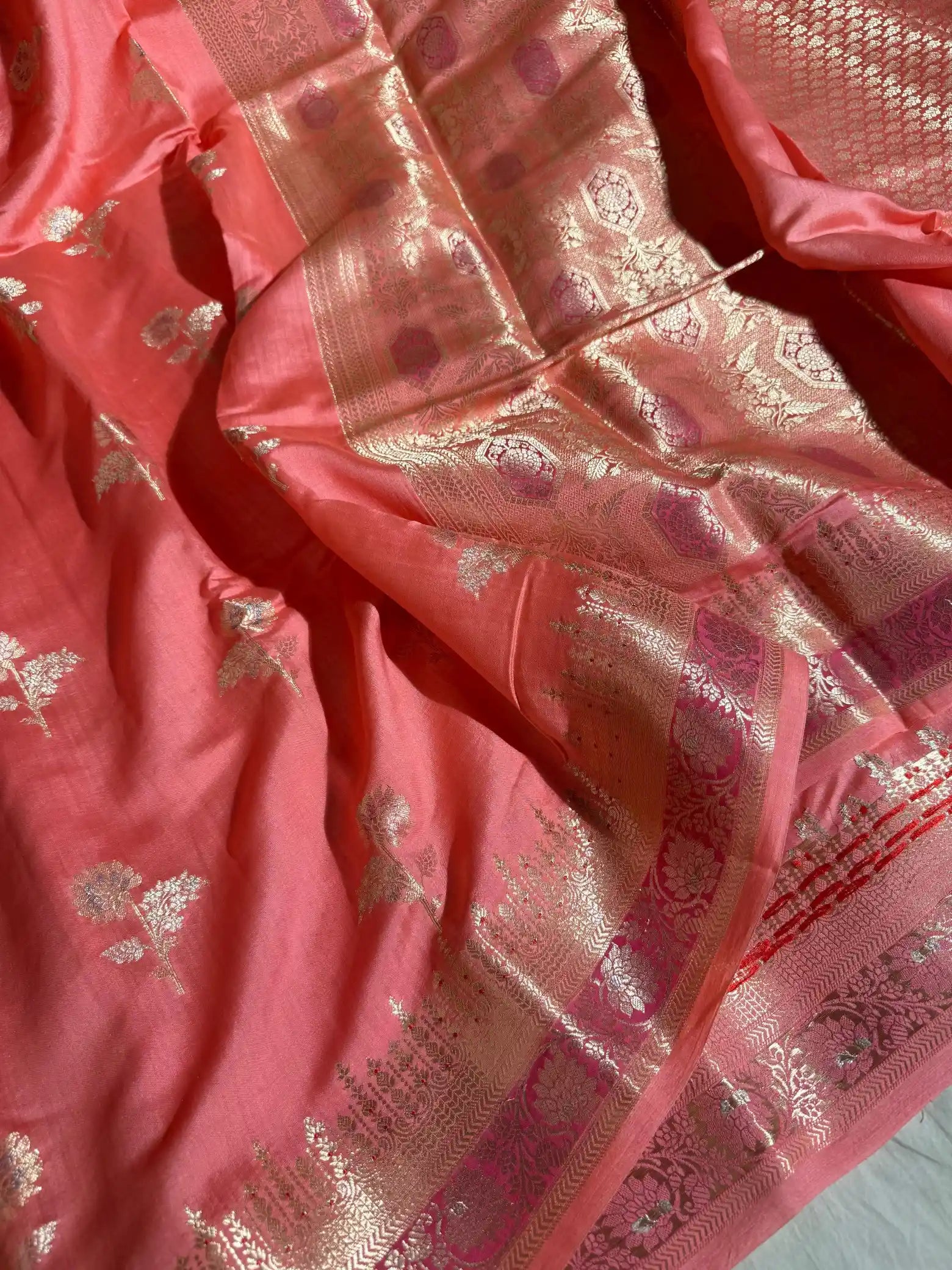 Dark Peach Pure Chiniya Silk Intricate Meenakari Buta Banarasi Saree