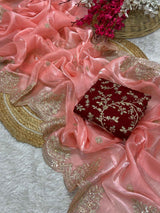 Dark Peach Shimmery Tissue Silk Saree
