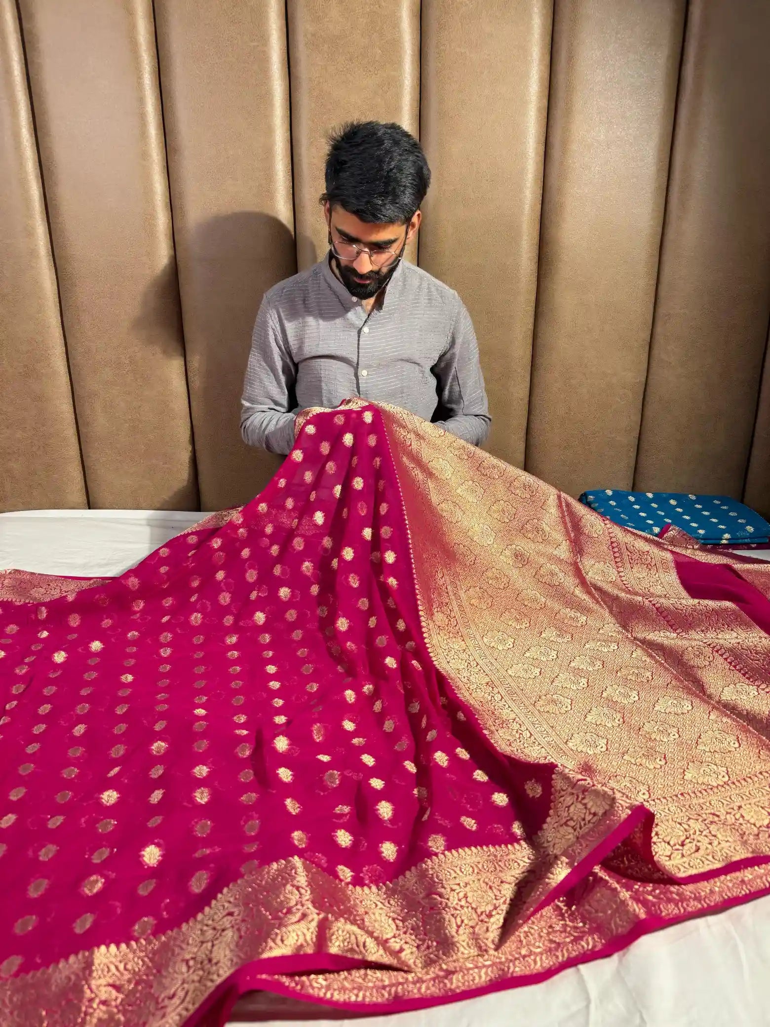Rani pink Khaddi Chiffon Buti Banarasi Saree