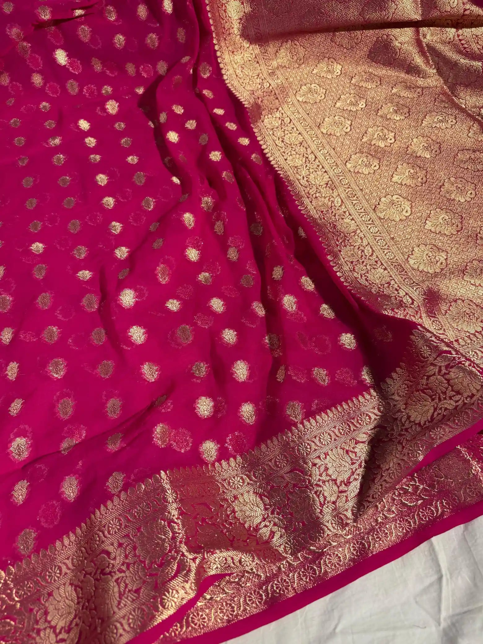 Rani pink Khaddi Chiffon Buti Banarasi Saree
