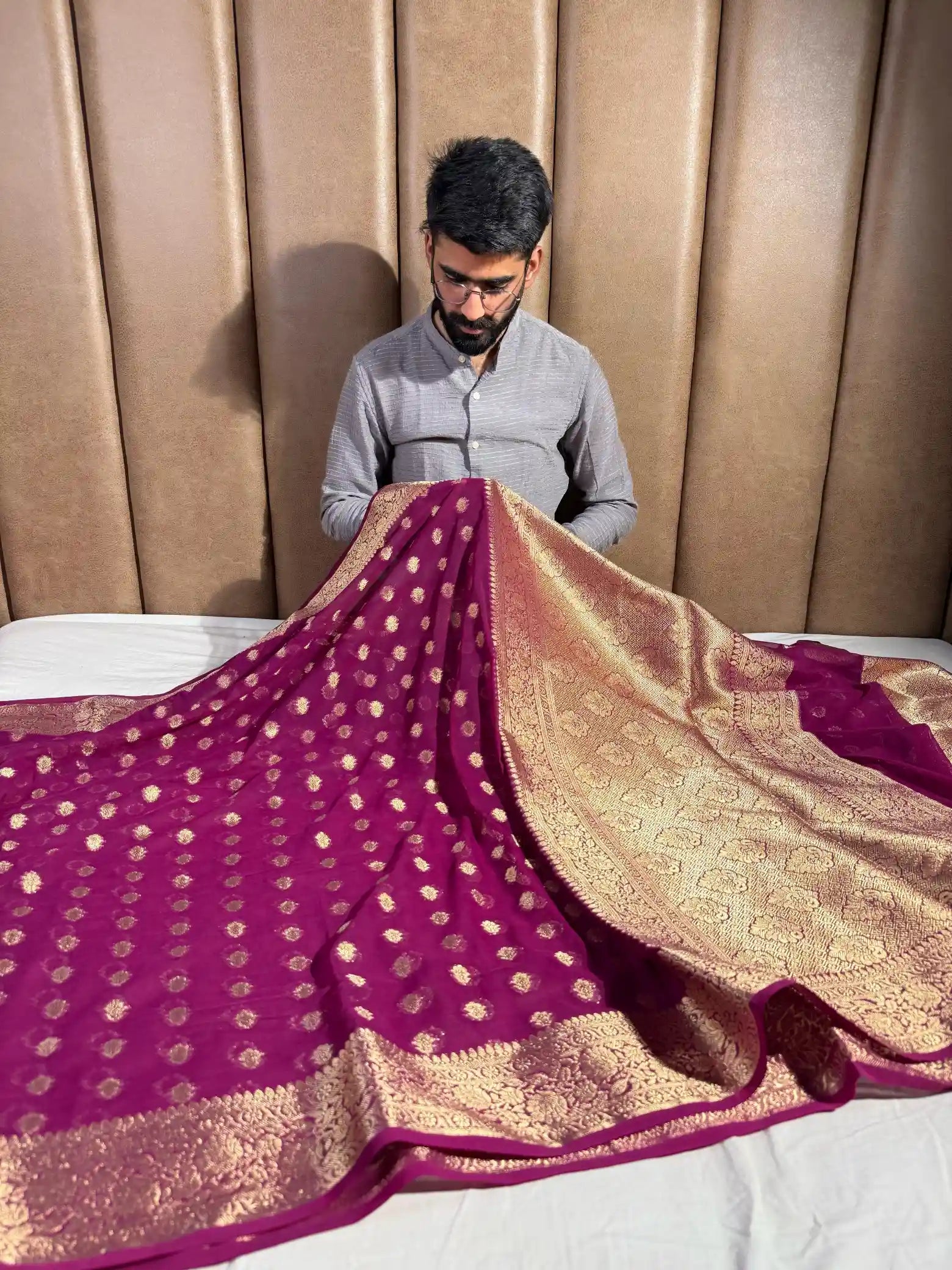 Dark Rani Khaddi Chiffon Buti Banarasi Saree