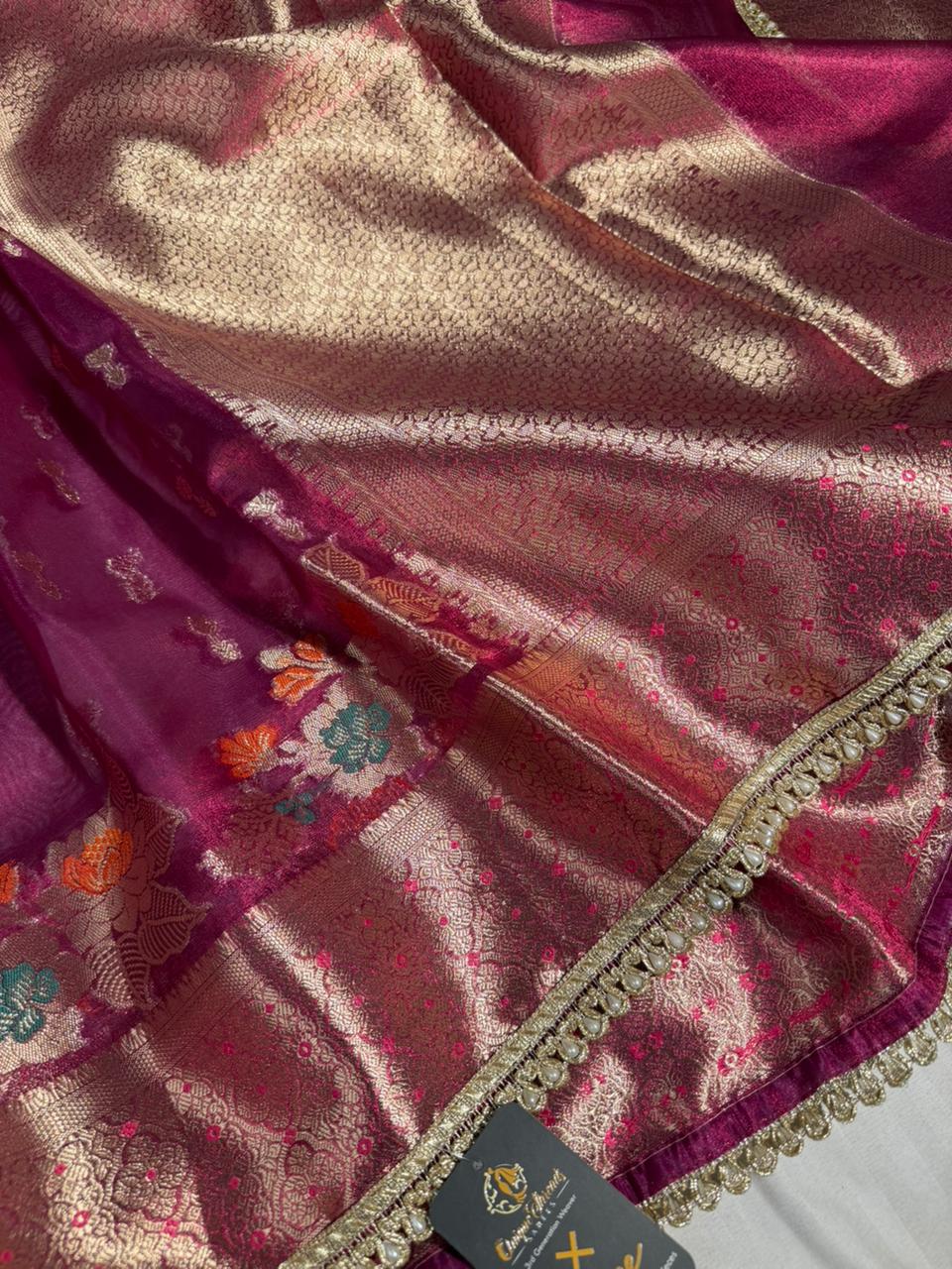 Dark Rani Kora tissue silk designer Banarasi Saree 