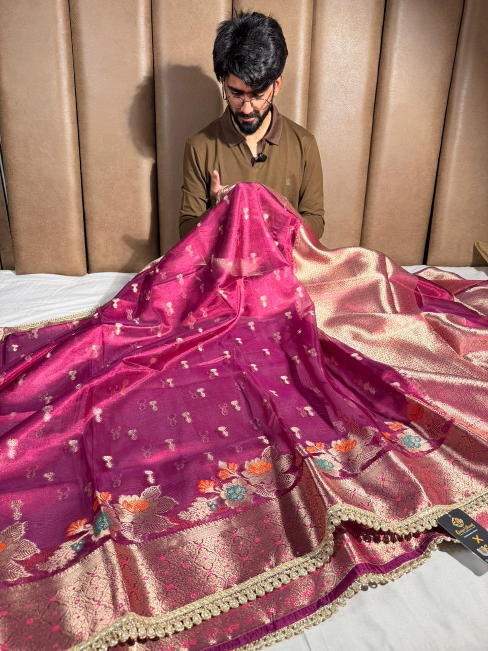 Dark Rani Kora tissue silk designer Banarasi Saree 