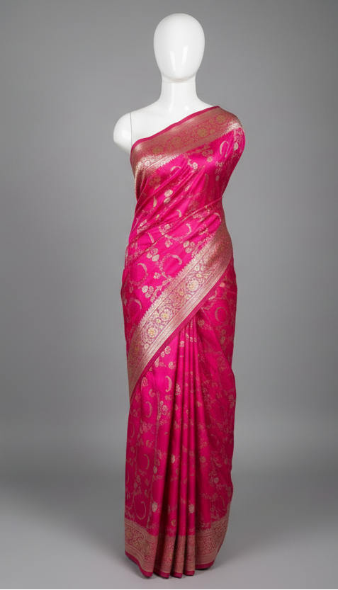 Dark Rani Mashru Katan Silk Meenakari Floral Weave Banarasi Saree