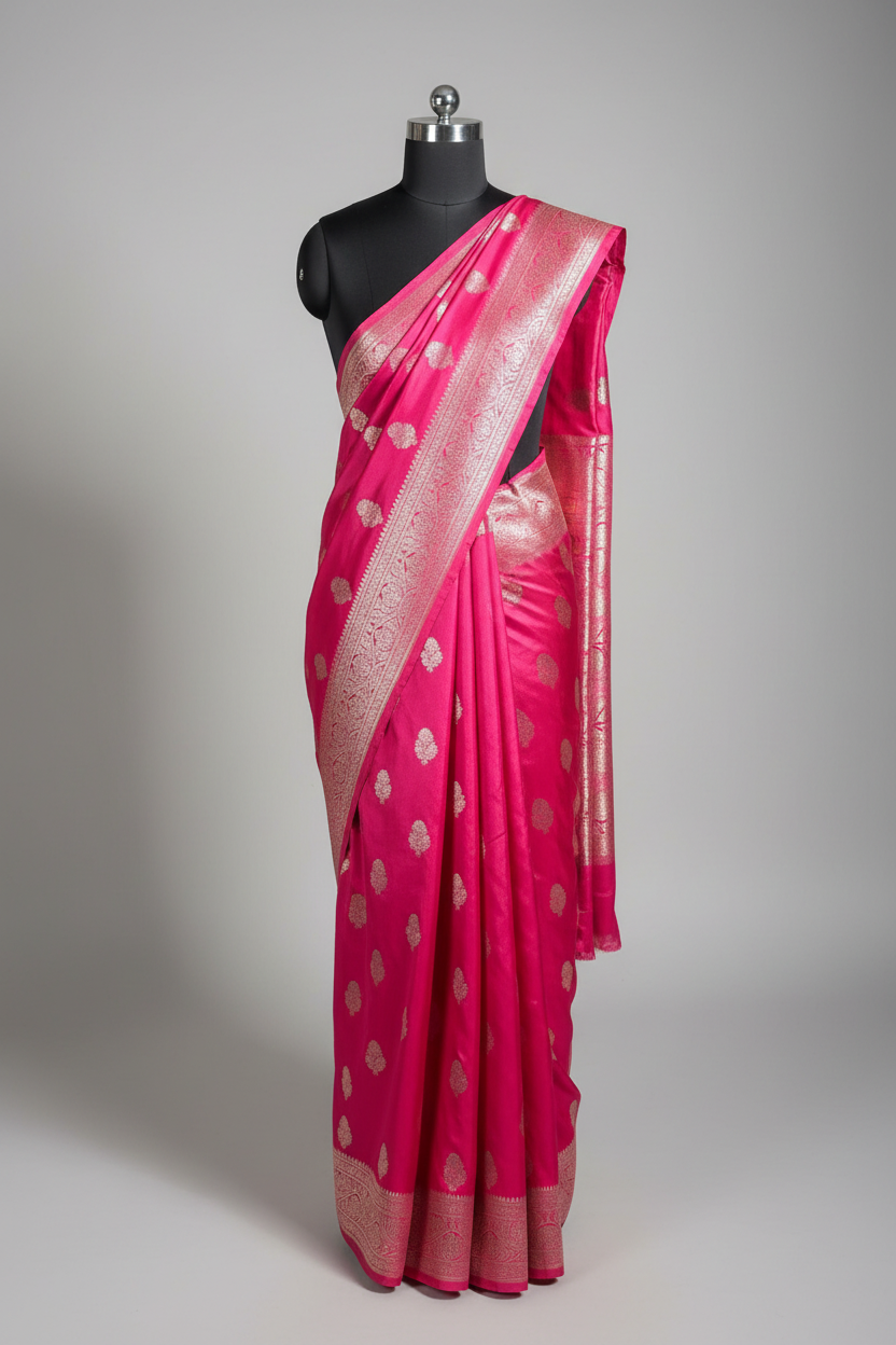 Dark Rani Mashru Katan Silk Traditional Buta Weave Banarasi Saree
