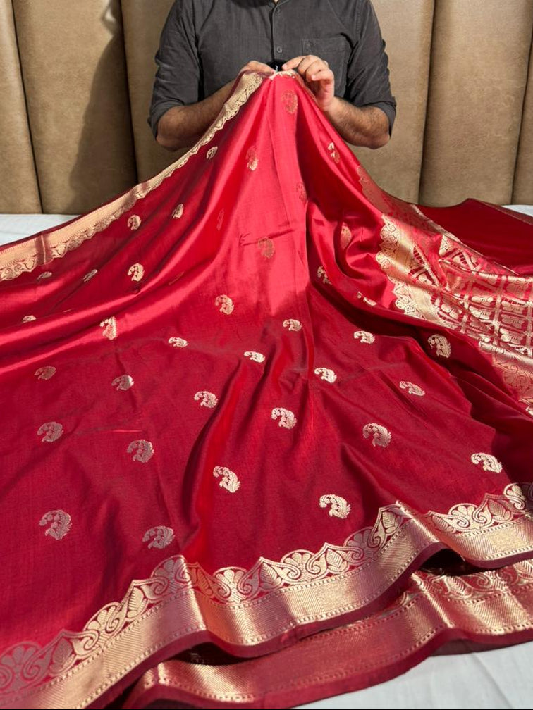 Dark Red Banarasi Semi Katan Silk Saree with Rich Pallu and Blouse