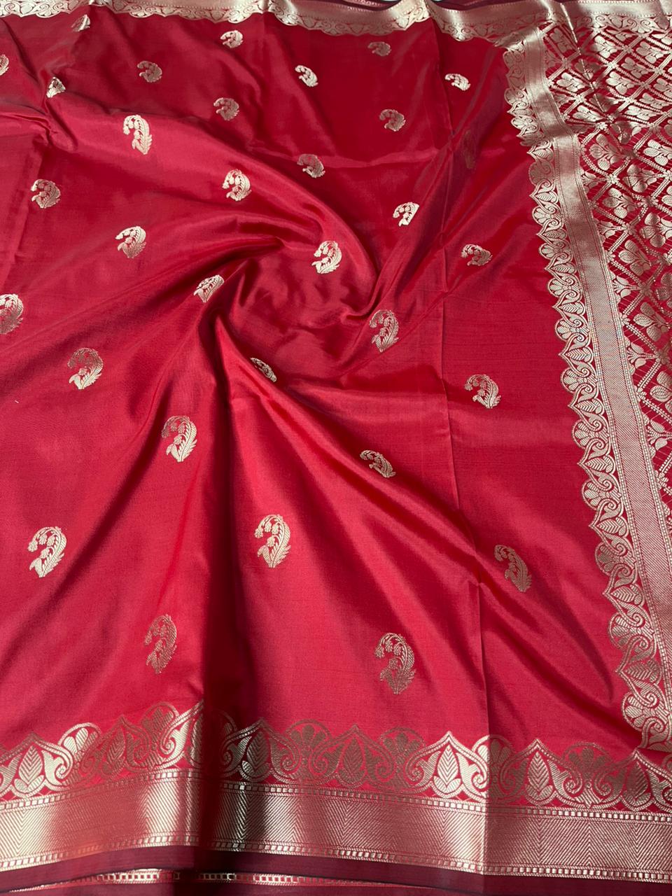 Dark Red Banarasi Semi Katan Silk Saree with Rich Pallu and Blouse
