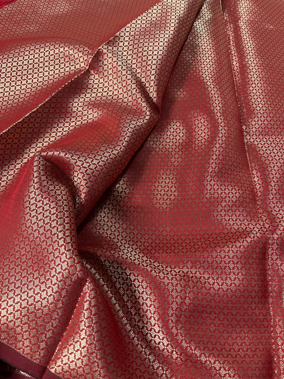 Dark Red Banarasi Semi Katan Silk Saree with Rich Pallu and Blouse