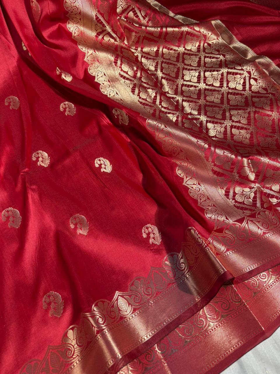 Dark Red Banarasi Semi Katan Silk Saree with Rich Pallu and Blouse