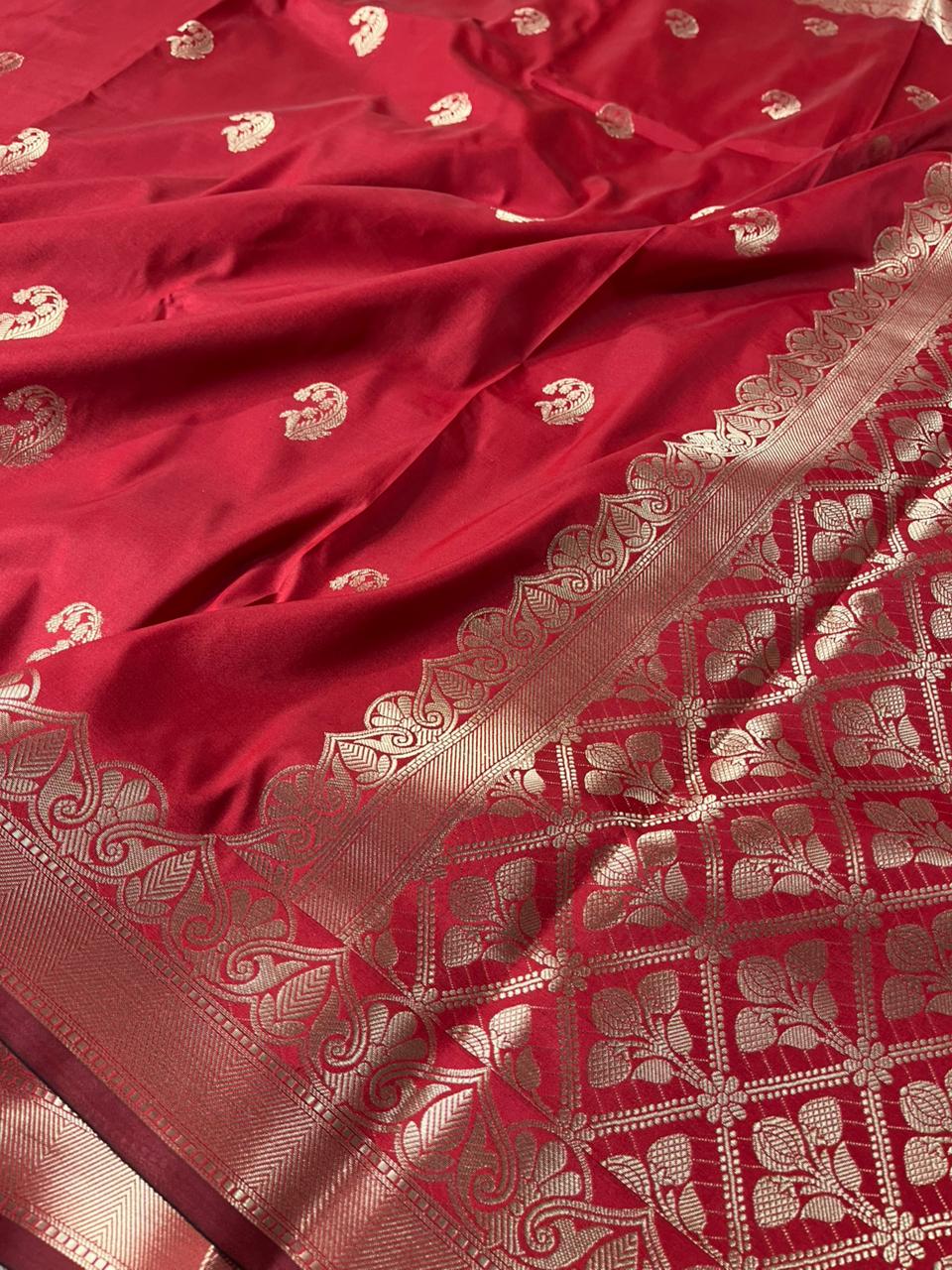 Dark Red Banarasi Semi Katan Silk Saree with Rich Pallu and Blouse
