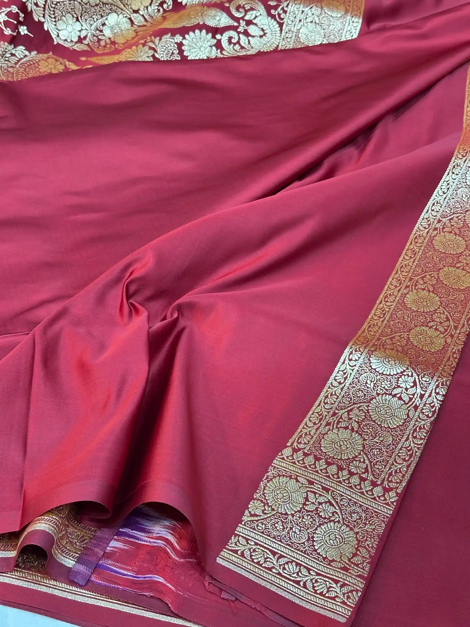 Dark Red Satin Silk Saree with Rich Texture Design and Classical Pallu