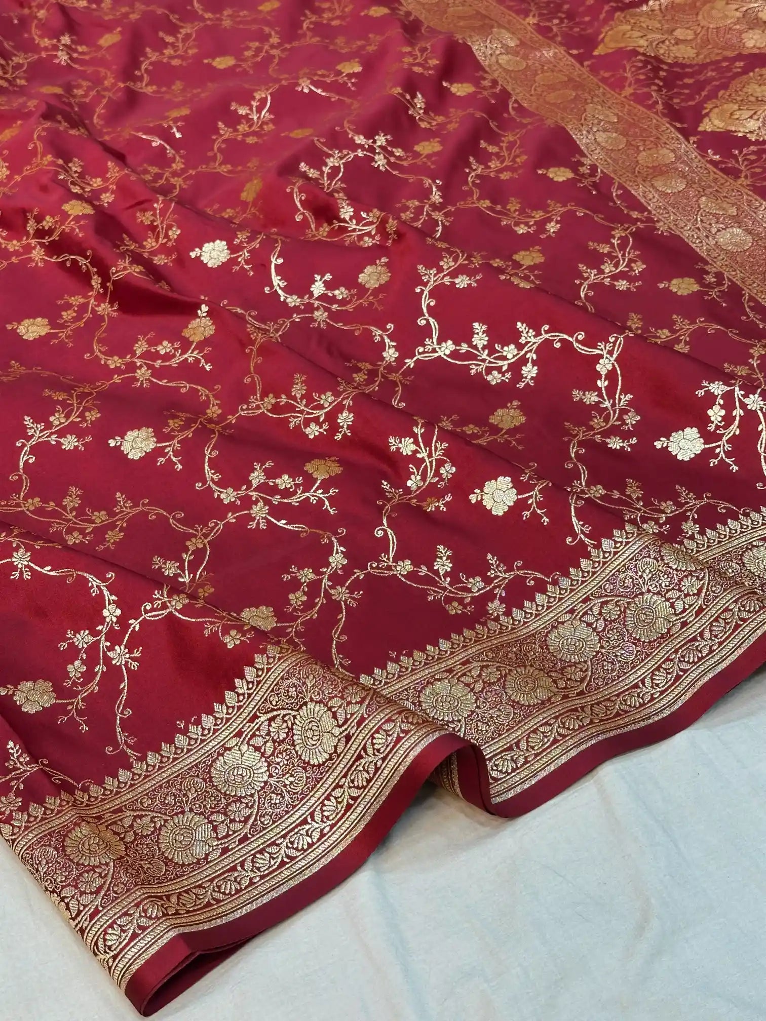 Dark Red Satin Silk Saree with Rich Texture Design and Classical Pallu
