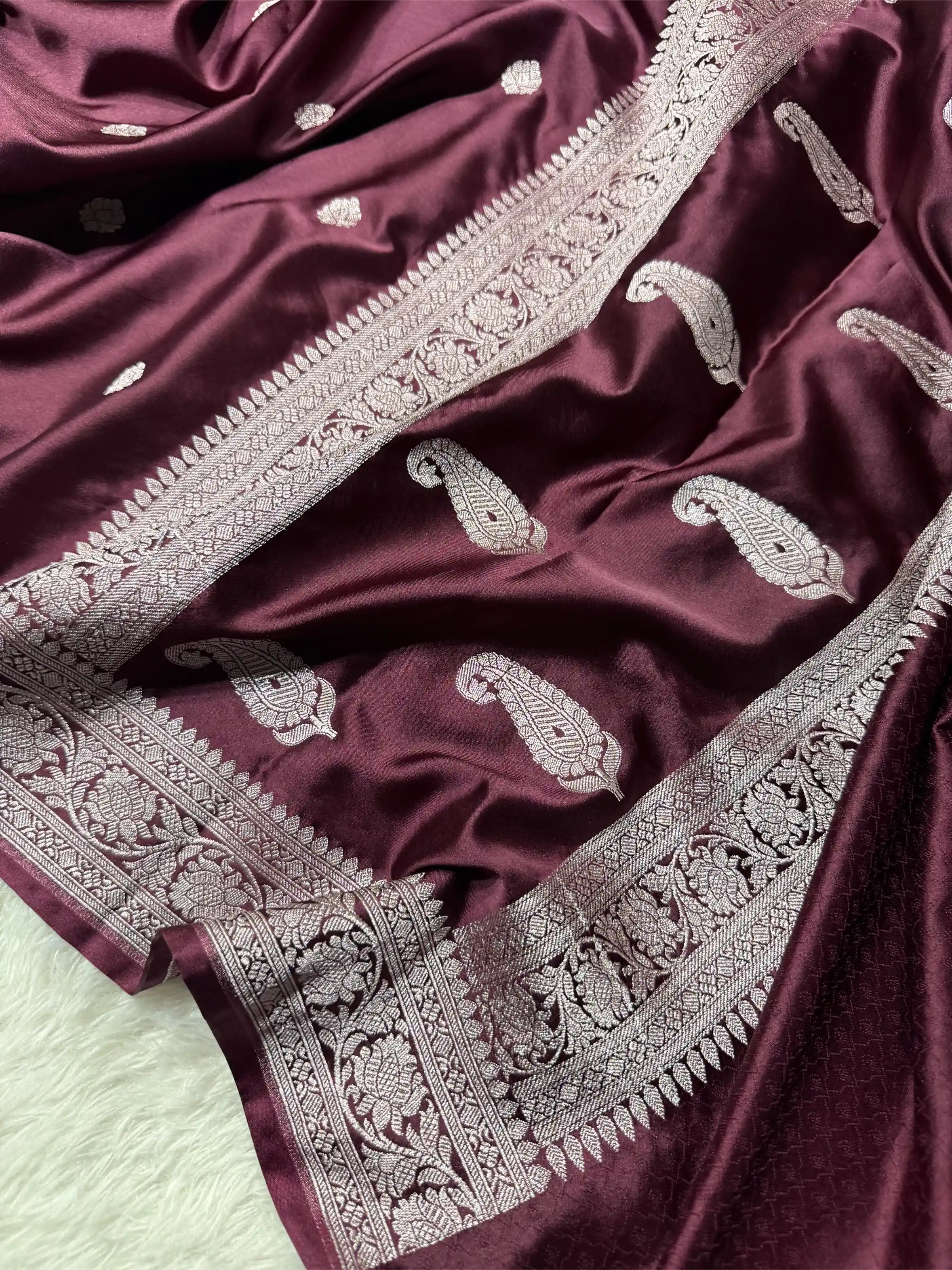 Dark Wine Mashru Katan Silver Zari Khaddi Buti Concept Banarasi Saree