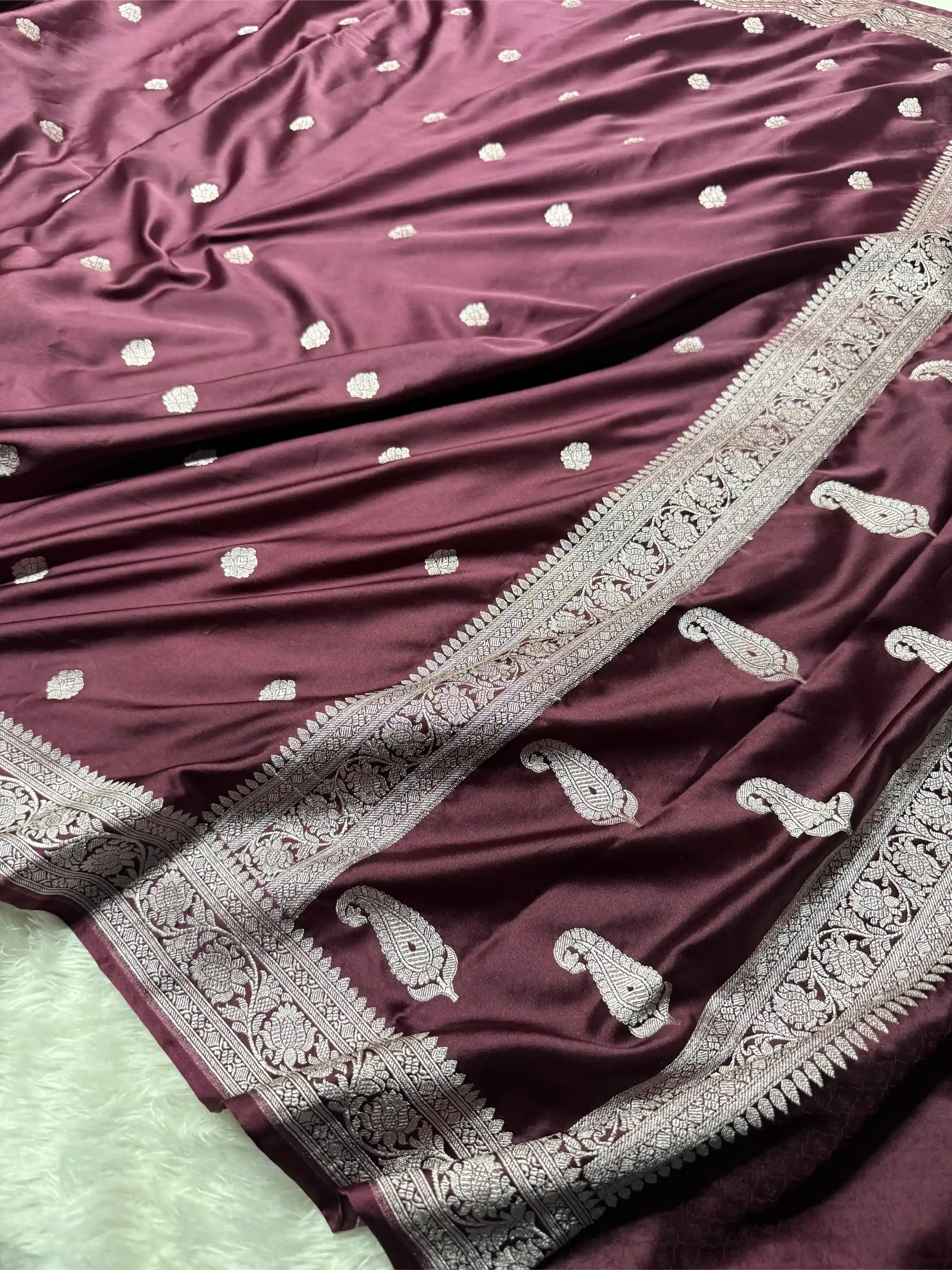 Dark Wine Mashru Katan Silver Zari Khaddi Buti Concept Banarasi Saree