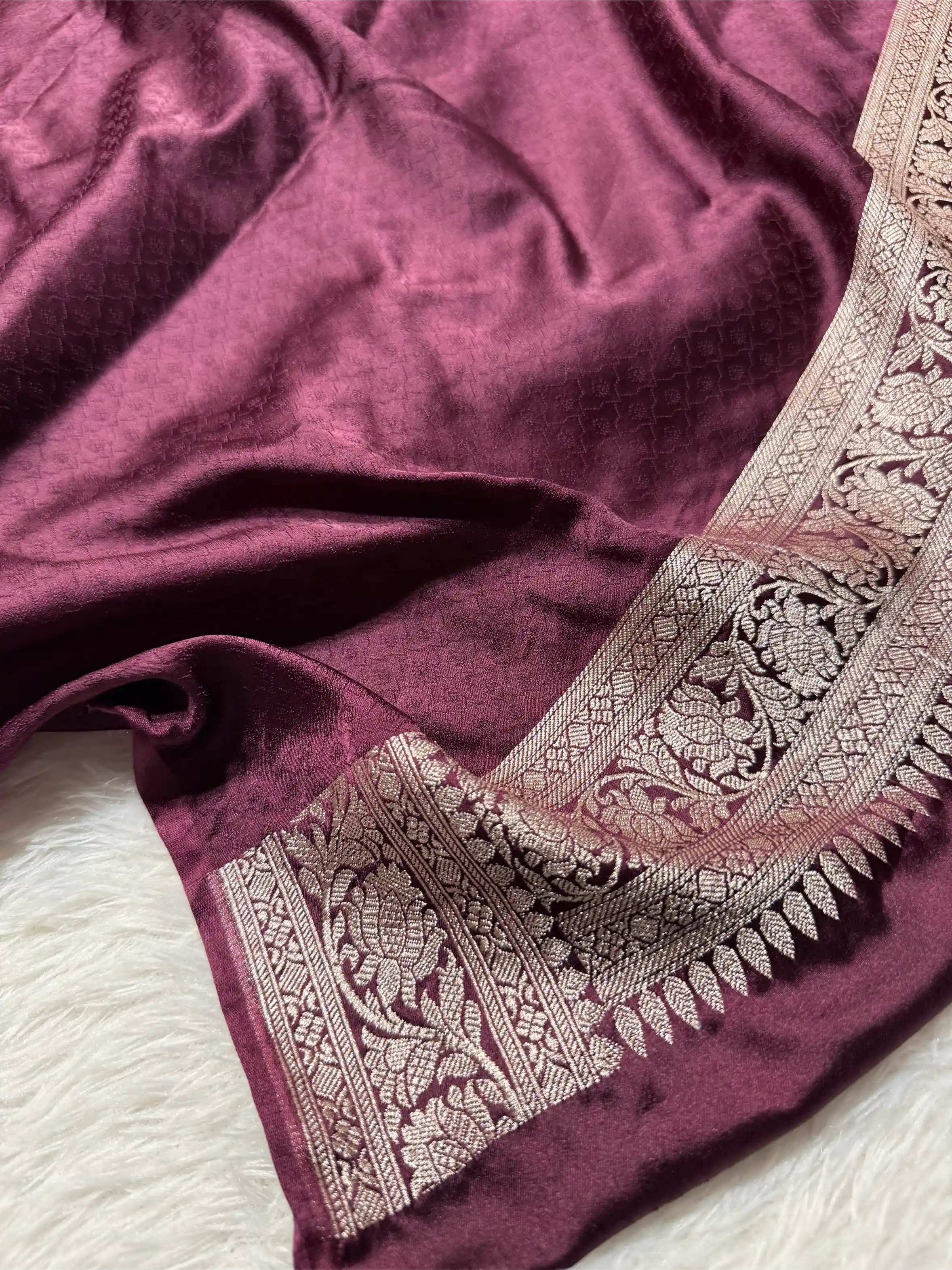 Dark Wine Mashru Katan Silver Zari Khaddi Buti Concept Banarasi Saree