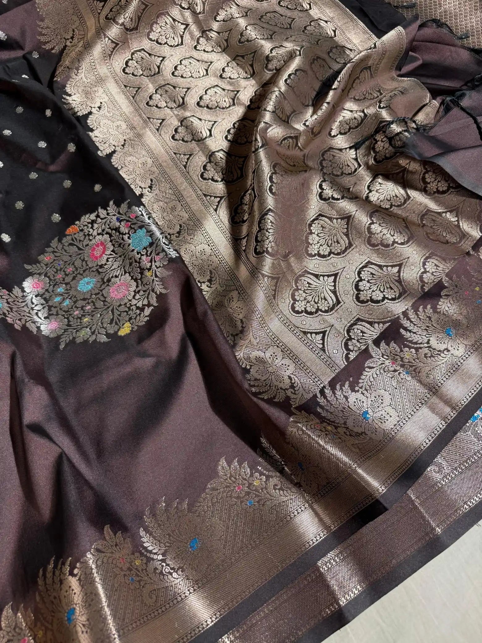 Dark Wine Semi Katan Silk Meenakari Intricate Weave Banarasi Saree