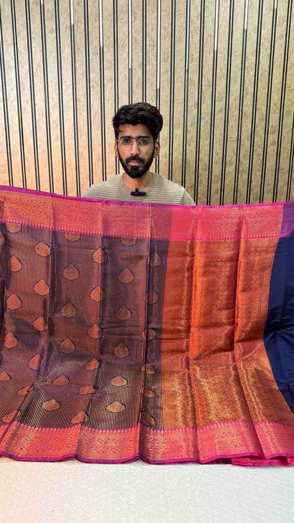 Dark Blue Soft Silk Checks Pattern Design Saree