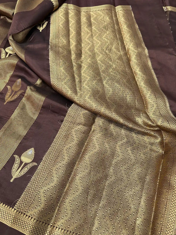 Dark Brown Raw Mango Silk Banarasi Saree