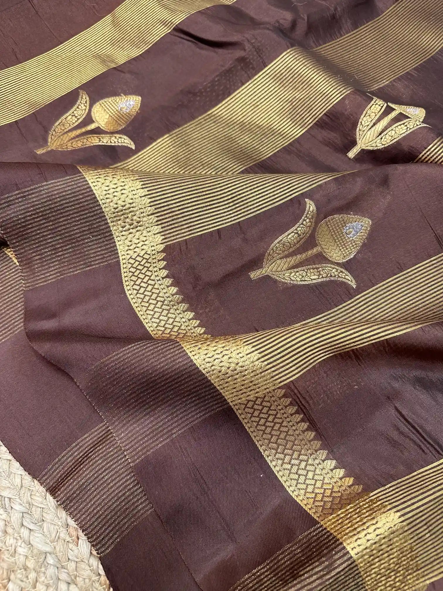 Dark Brown Raw Mango Silk Banarasi Saree