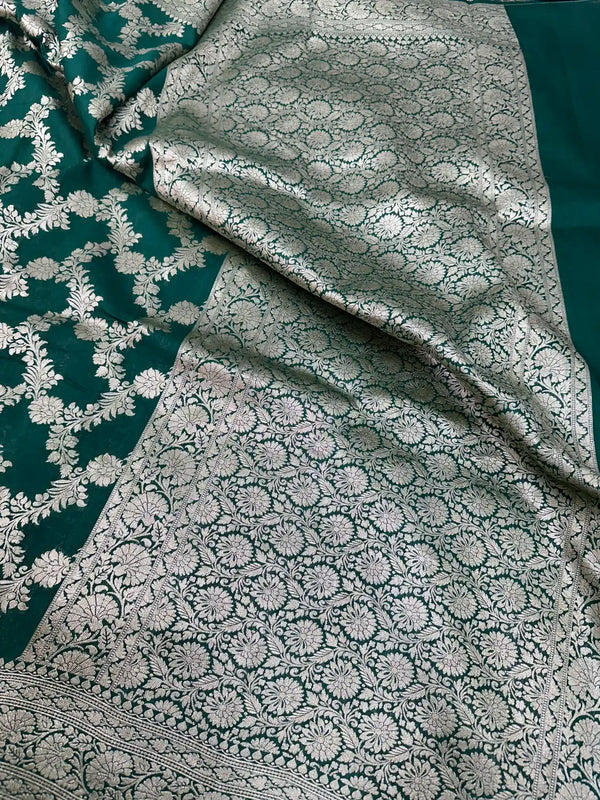 Dark Green Floral Munga Silk Banarasi Saree